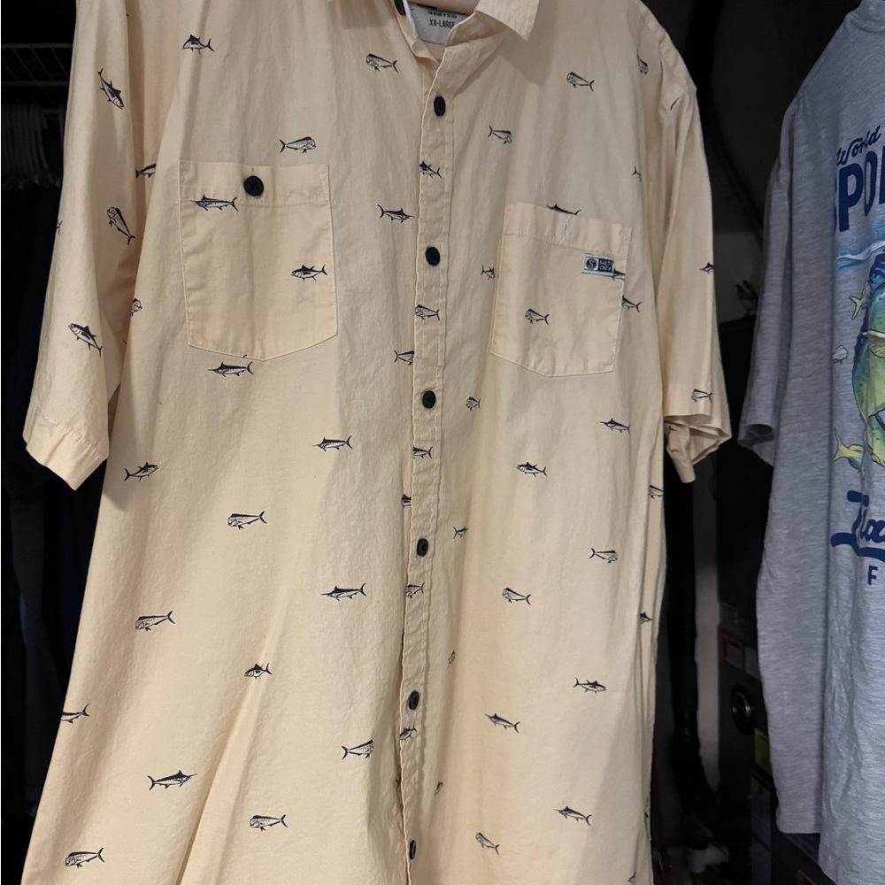 Salty Crew Cream Short-Sleeve Button-Up with Navy Fish Print